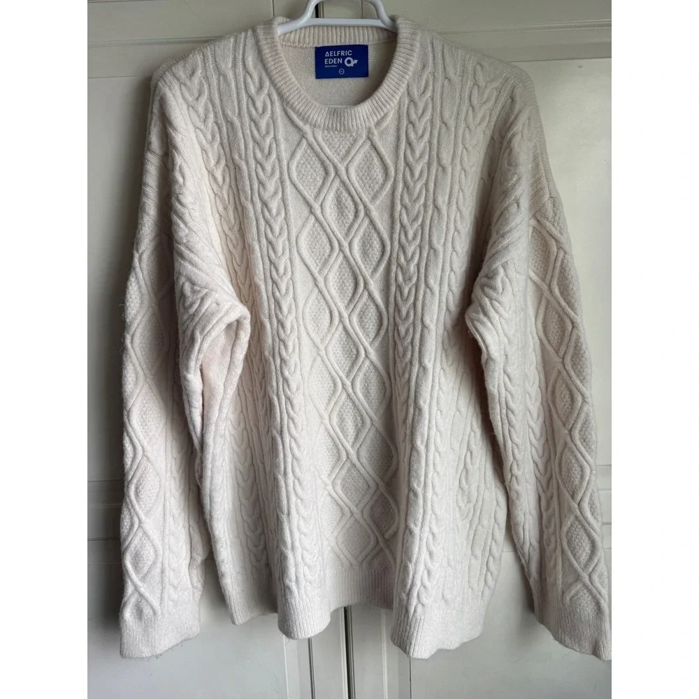 Aelfric Eden Womens XXL Ivory Cable Knit Oversized Crew Neck Sweater Cream Mixed